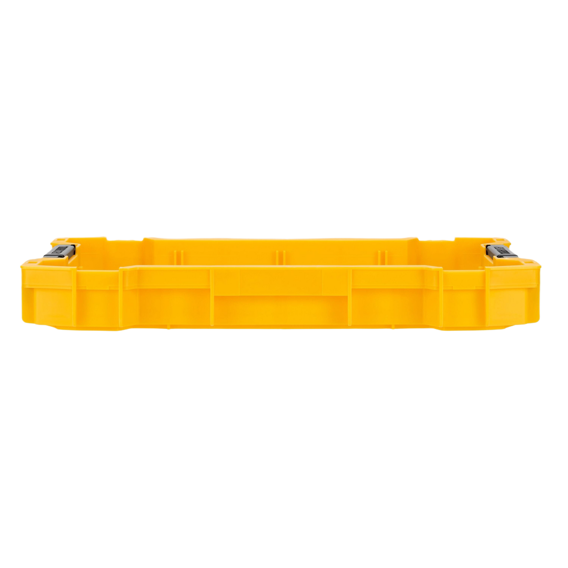 Yellow shallow plastic tool tray with black latches for jobsite organization and tool storage solutions