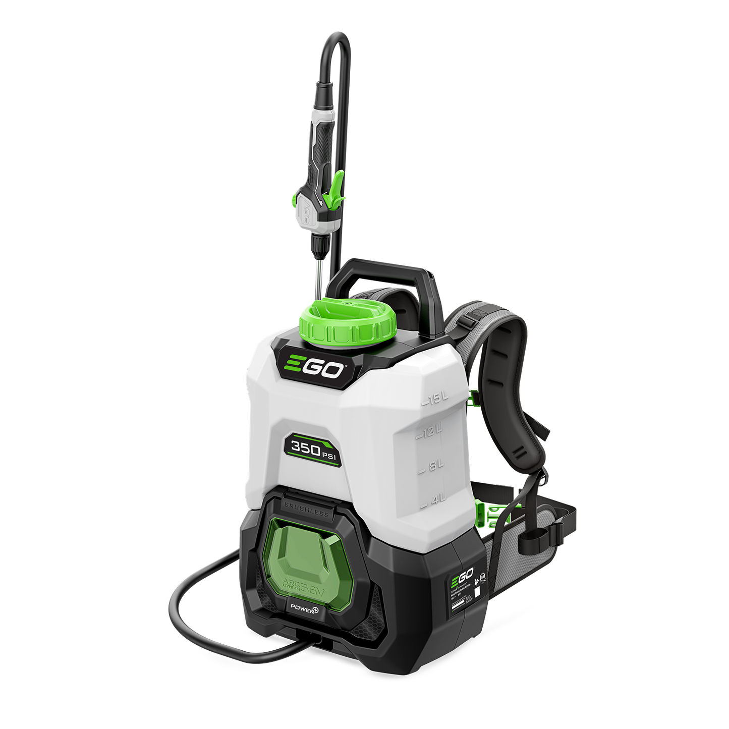Portable white and green 4-gallon backpack sprayer with adjustable nozzle and straps for home improvement tasks
