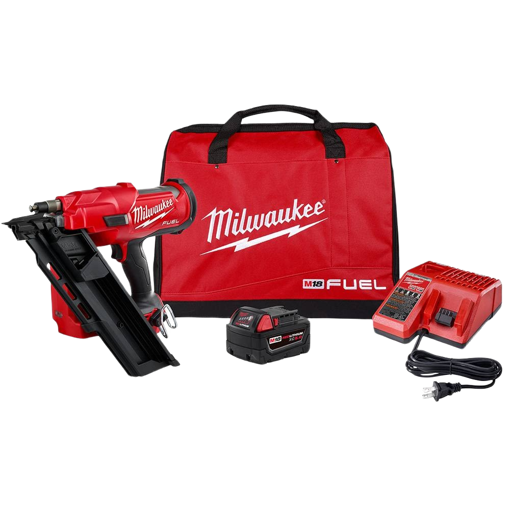 Red cordless framing nailer with battery, charger, and branded carrying bag for home improvement tasks