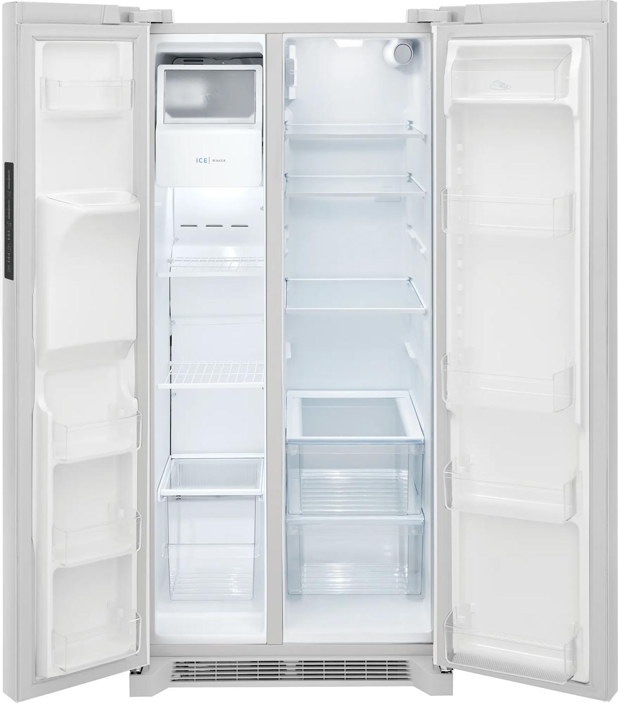 Open white side-by-side refrigerator with empty shelves and clear drawers from Refrigerators and Kitchen & Kitchenware collections