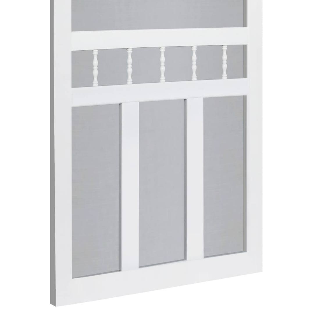 White vinyl screen door section with decorative spindles and durable mesh for home improvement projects
