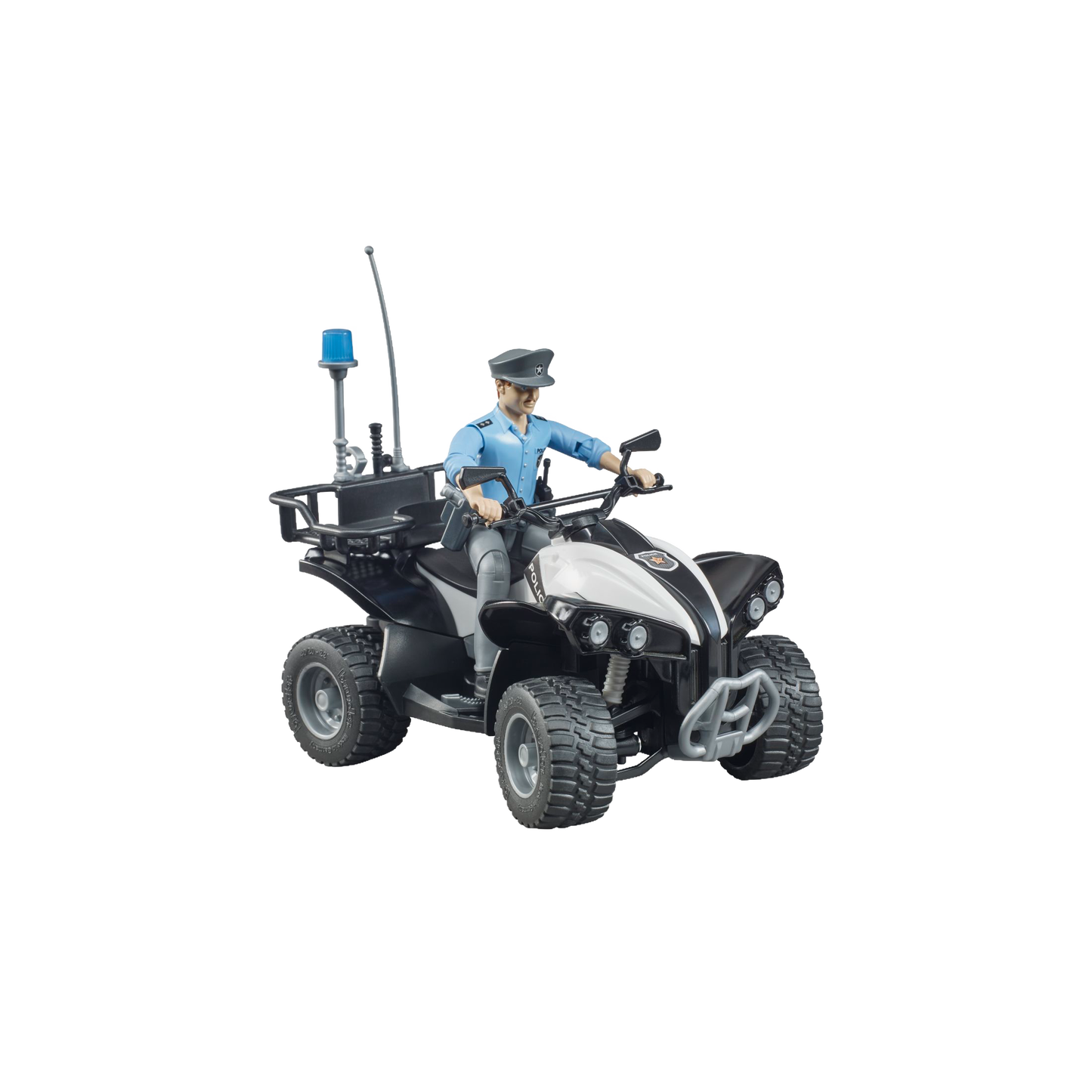 Black and white police quad toy with light skin officer figure and realistic accessories from Bruder Toys collection