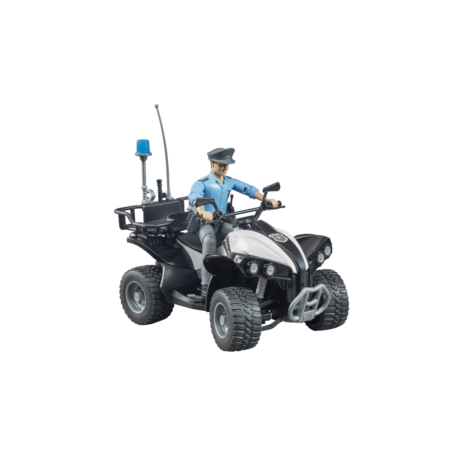 Black and white police quad toy with light skin officer figure and realistic accessories from Bruder Toys collection