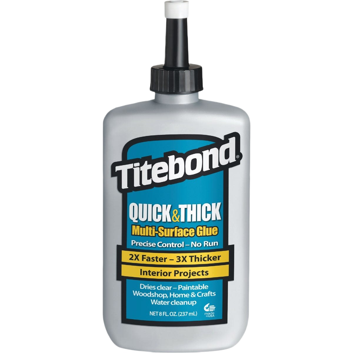 Gray and blue bottle of quick thick multi-surface wood glue for interior projects in glue and adhesives collections