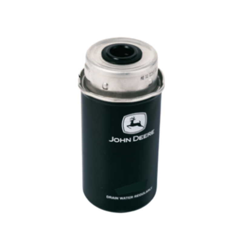 Black cylindrical fuel filter with metal top and John Deere logo for home improvement and tools use