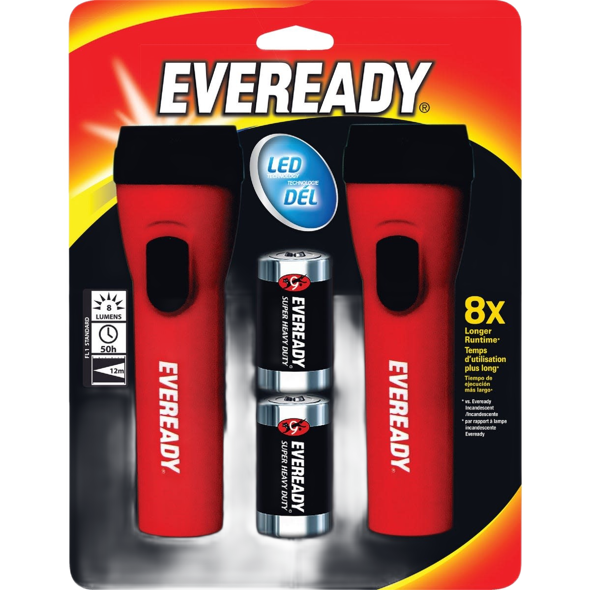 Pair of red Eveready LED flashlights with two D size batteries in packaging for hand tools and home improvement collections