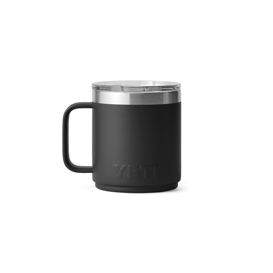 Black insulated stackable mug with ceramic lining and clear lid for hot and cold drinks in drinkware collection