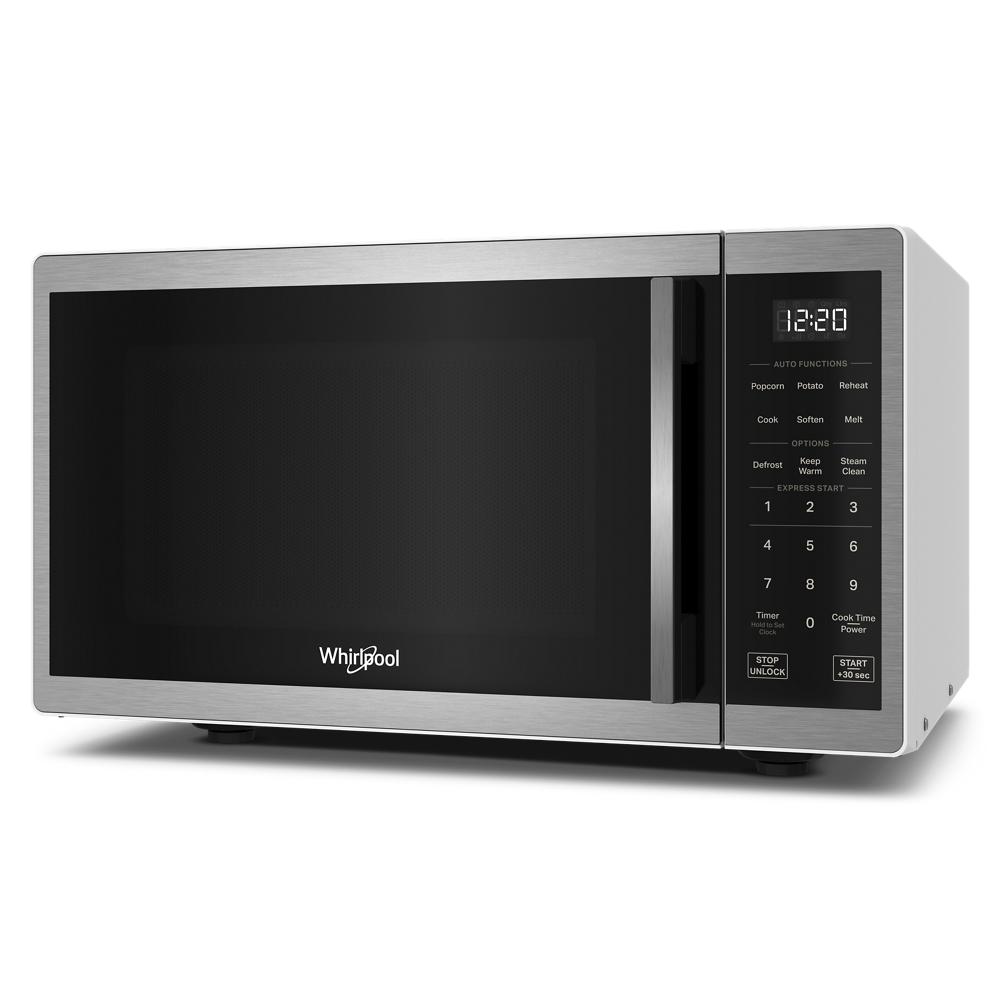 Stainless steel countertop microwave with touch controls, digital clock, and steam clean function from Microwaves collection