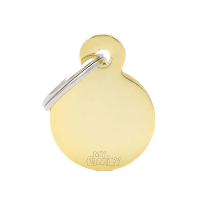 Small round gold-colored metal ID tag with keyring for pet identification or personal use