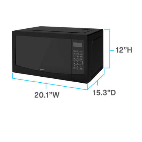Black compact microwave with digital keypad and clear display, suitable for small kitchens and appliance collections