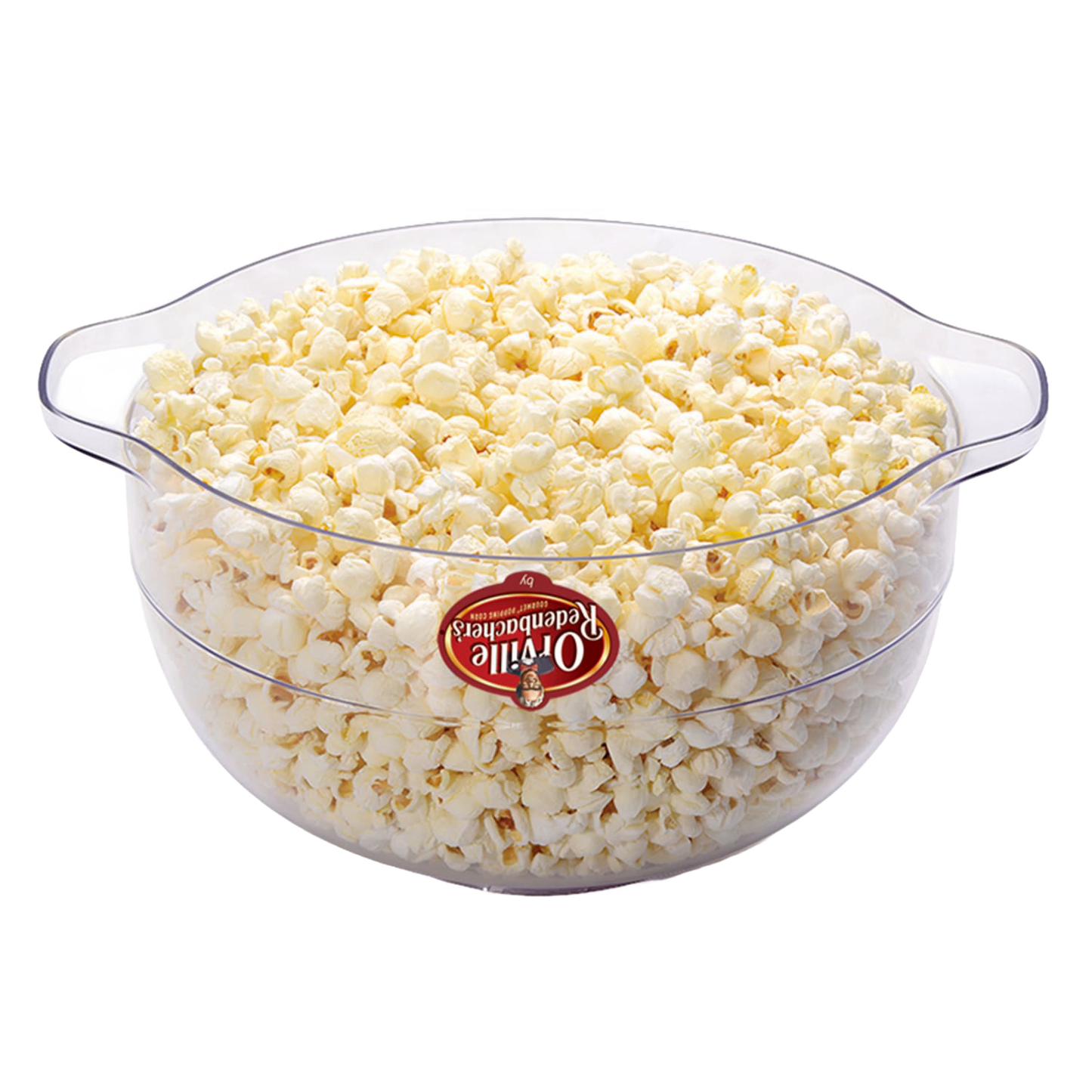 Clear plastic popcorn bowl filled with freshly popped popcorn for kitchen gadgets and small appliance use