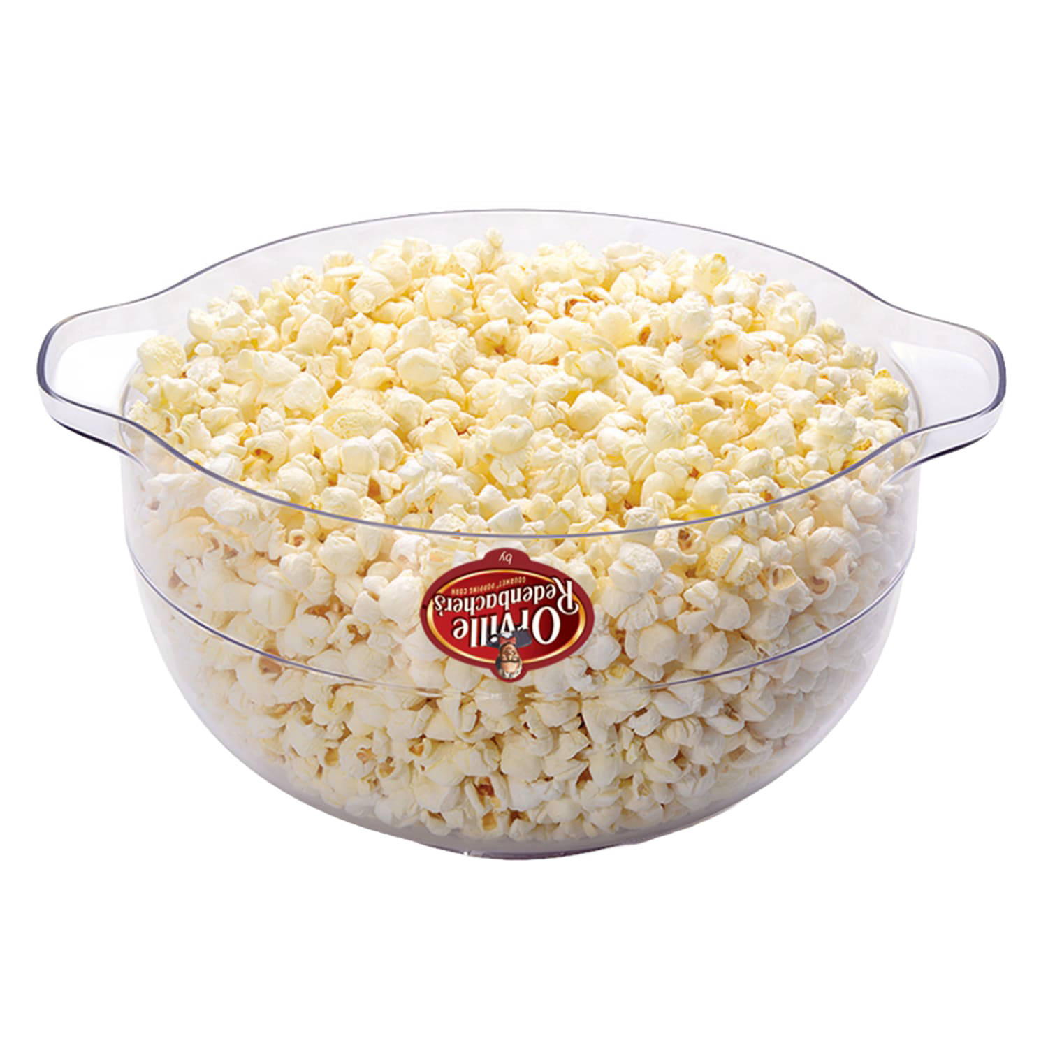Clear plastic popcorn bowl filled with freshly popped popcorn for kitchen gadgets and small appliance use