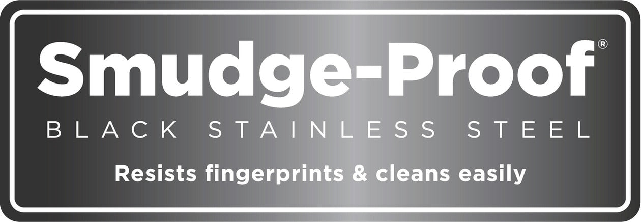 Smudge-proof black stainless steel label highlighting fingerprint resistance and easy cleaning in appliances collection