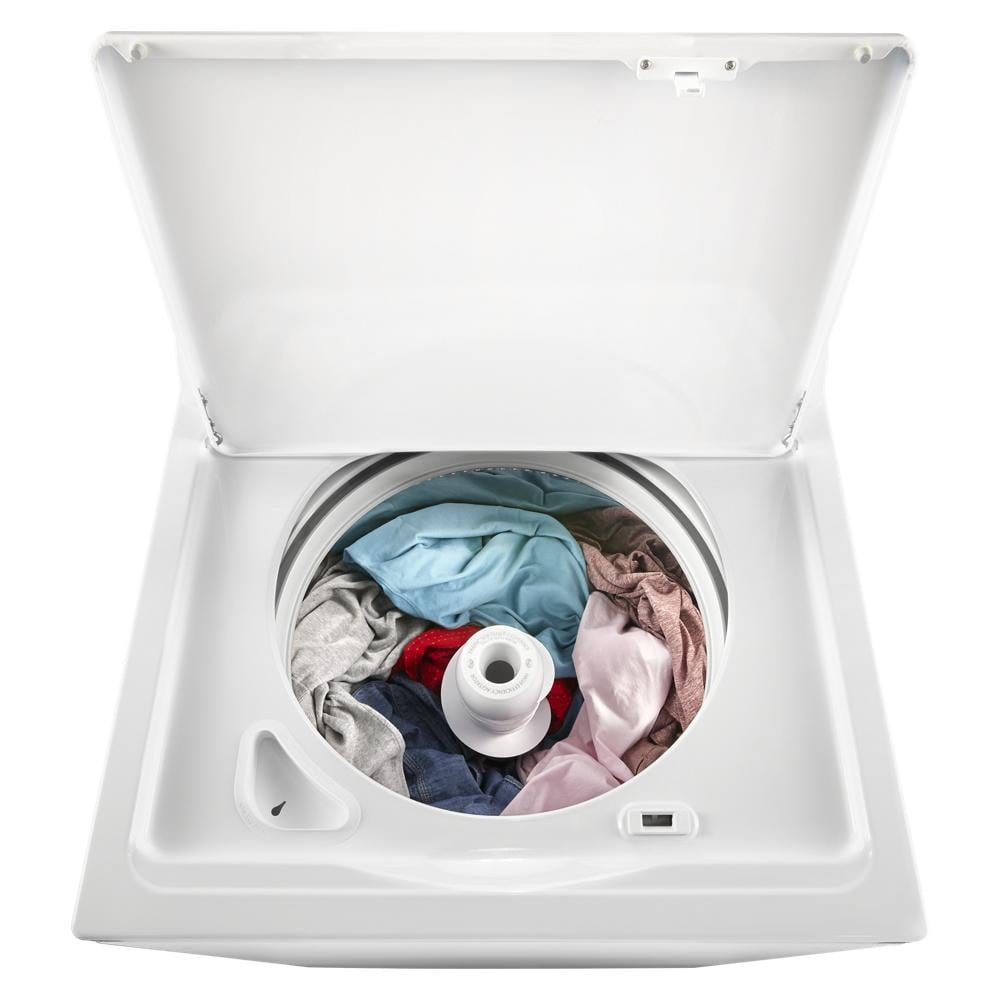 White top load washer with open lid showing colorful mixed laundry around high-efficiency agitator from appliances collection
