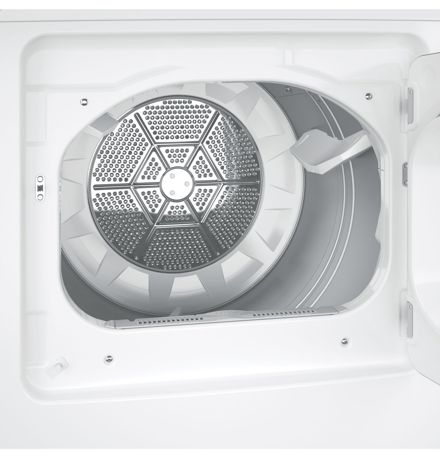 Top-down view inside gas dryer drum showing perforated metal interior and lint trap area from Dryers collection