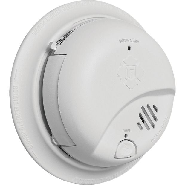 White hardwired ionization smoke detector with test button and ventilation grill for home safety and fire protection