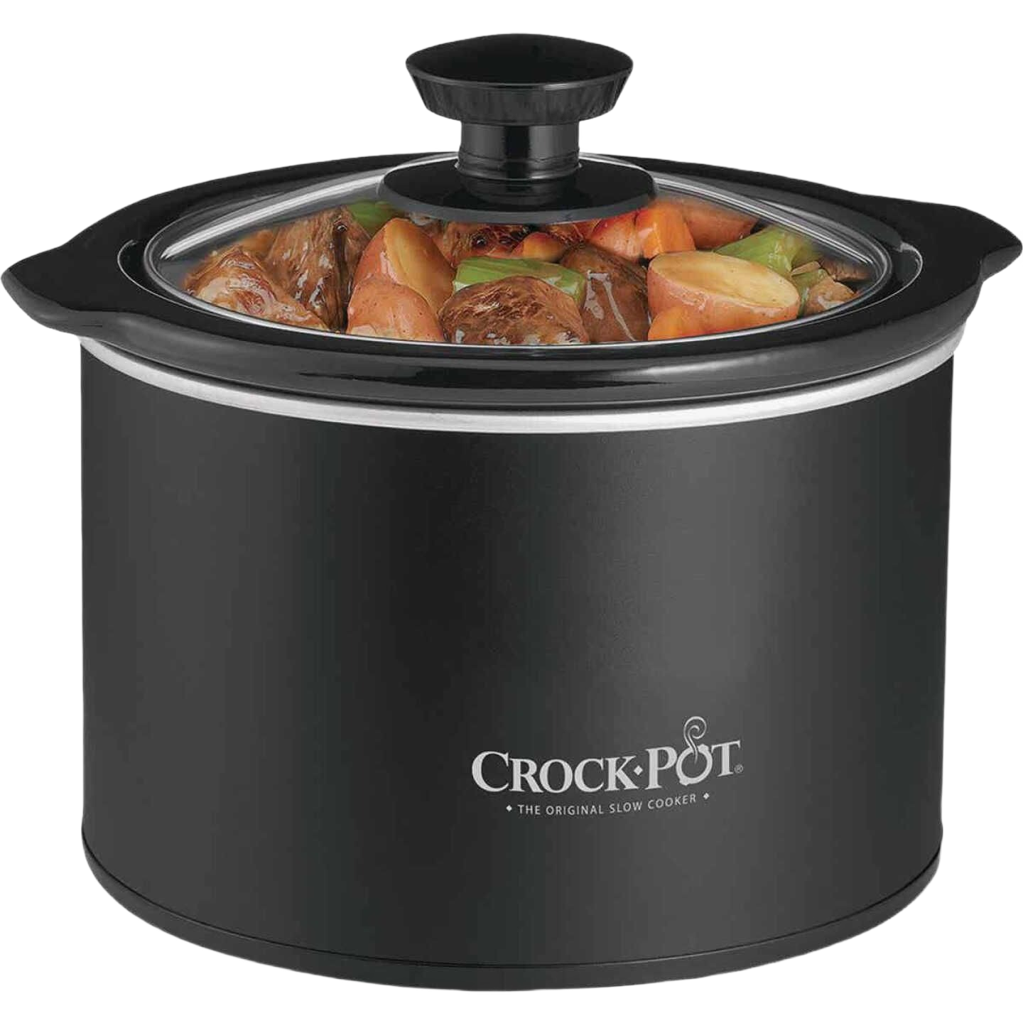 Black round manual slow cooker with glass lid cooking stew, designed for convenient home meal preparation.
