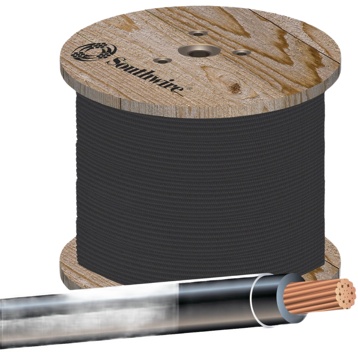 Large wooden spool holding stranded black electrical wire with copper core for tools and home improvement projects