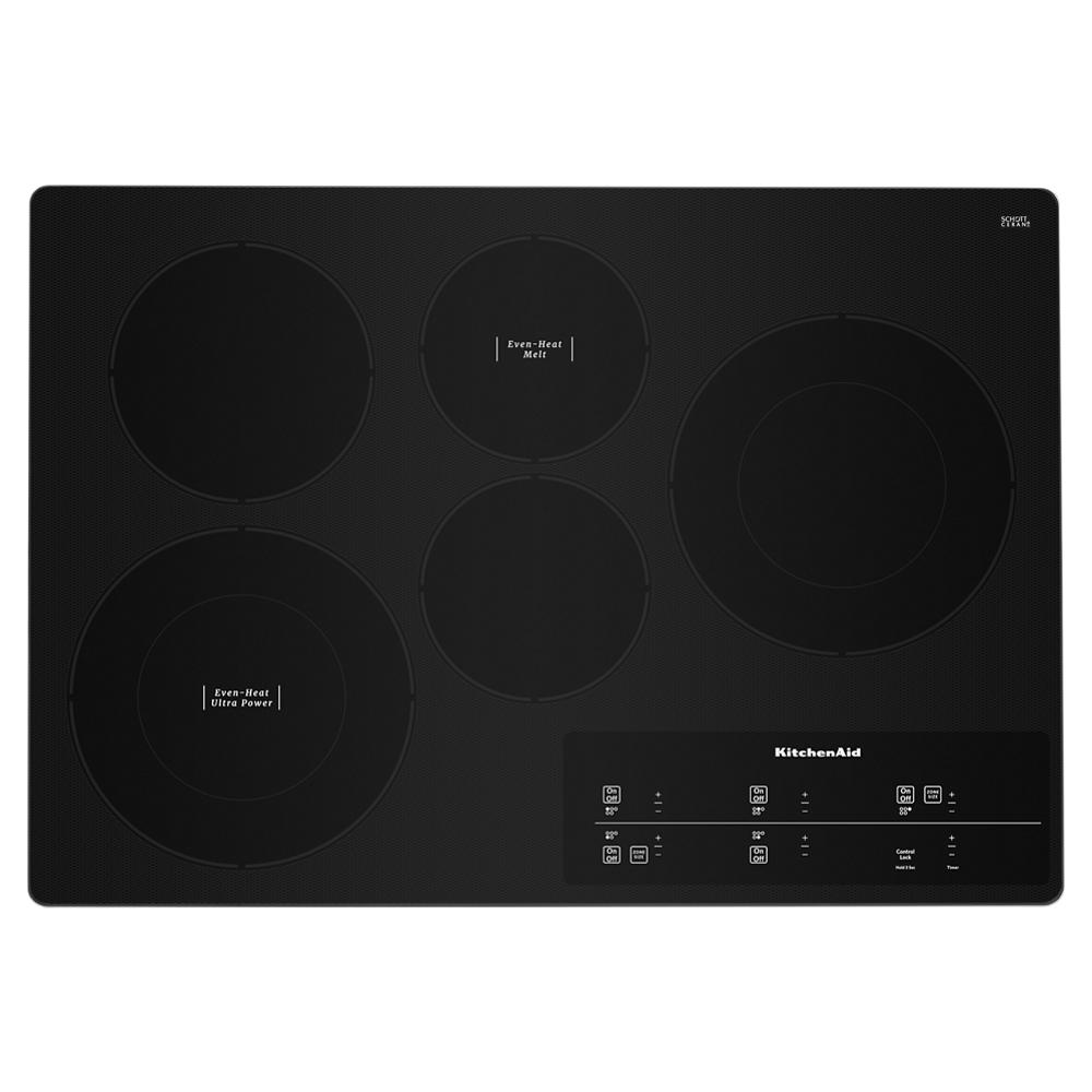 Black 30-inch KitchenAid electric cooktop with five heating elements and touch control panel from Cooktops collection