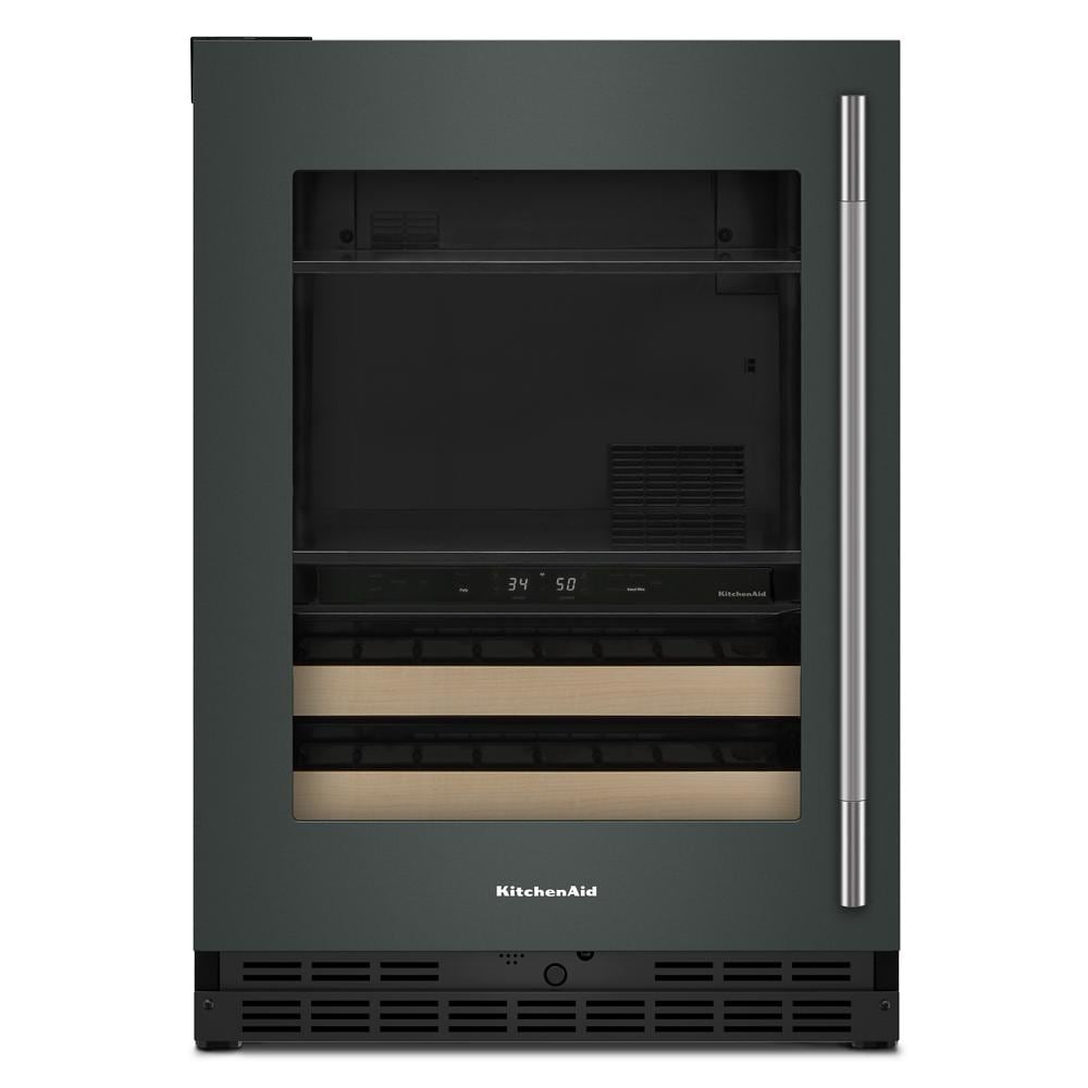 24-inch black beverage center with glass door, wood-front racks, digital temperature display, and stainless steel handle
