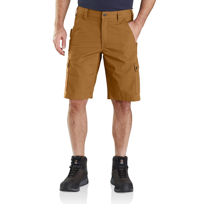 Front view of brown rugged flex ripstop cargo shorts with relaxed fit and multiple pockets for tough workwear use