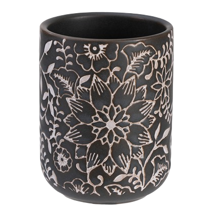 Black ceramic tumbler with intricate debossed floral pattern for bathroom and bath décor under $50 collection