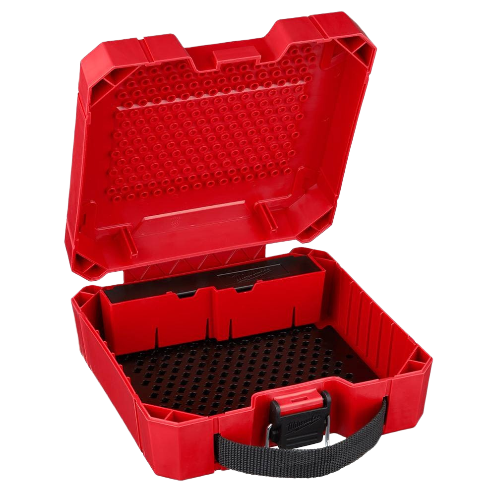 Large red plastic hole saw case with customizable peg system for tool storage and workshop organization