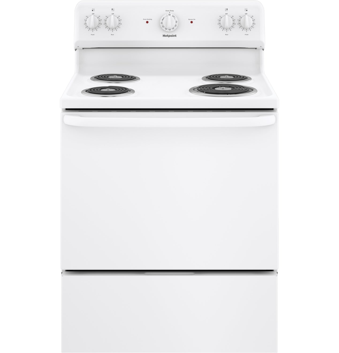 White free-standing electric range with four coil burners and control knobs from kitchen appliances and ranges collection