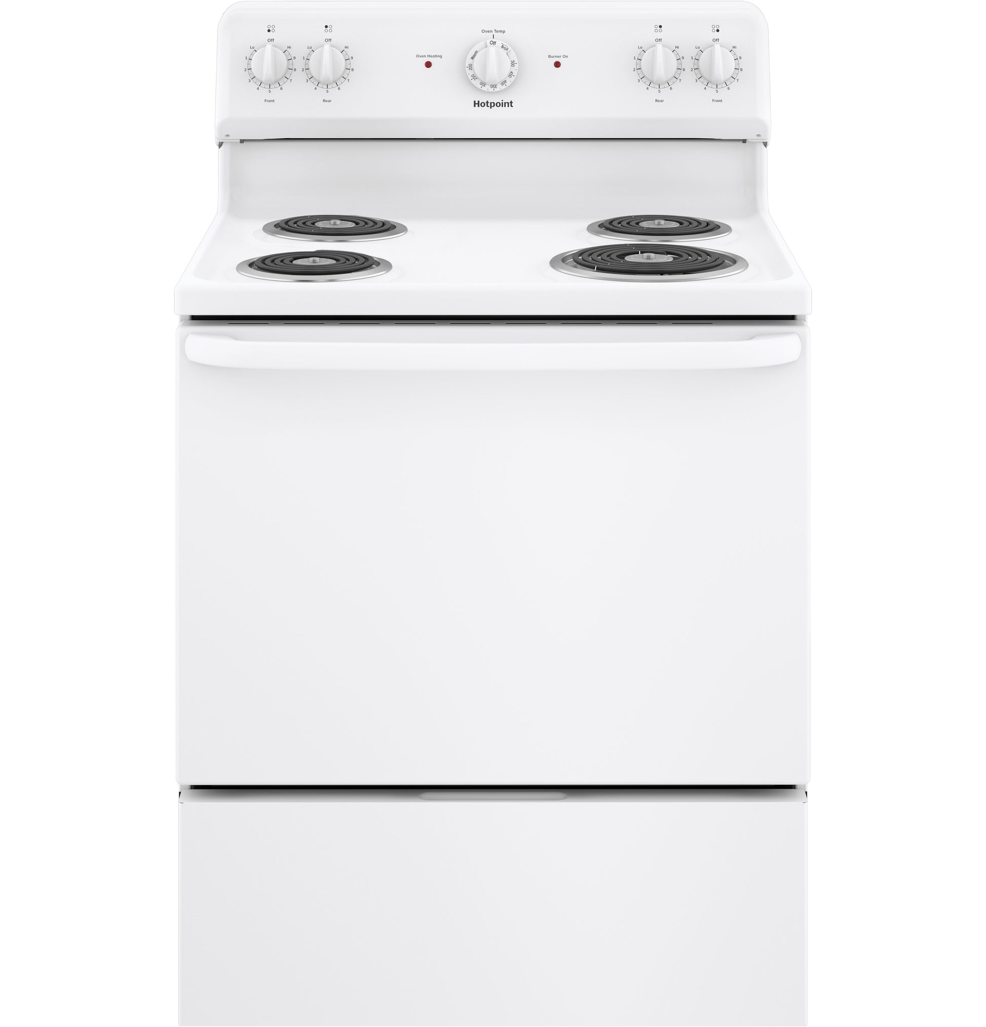 White free-standing electric range with four coil burners and control knobs from kitchen appliances and ranges collection