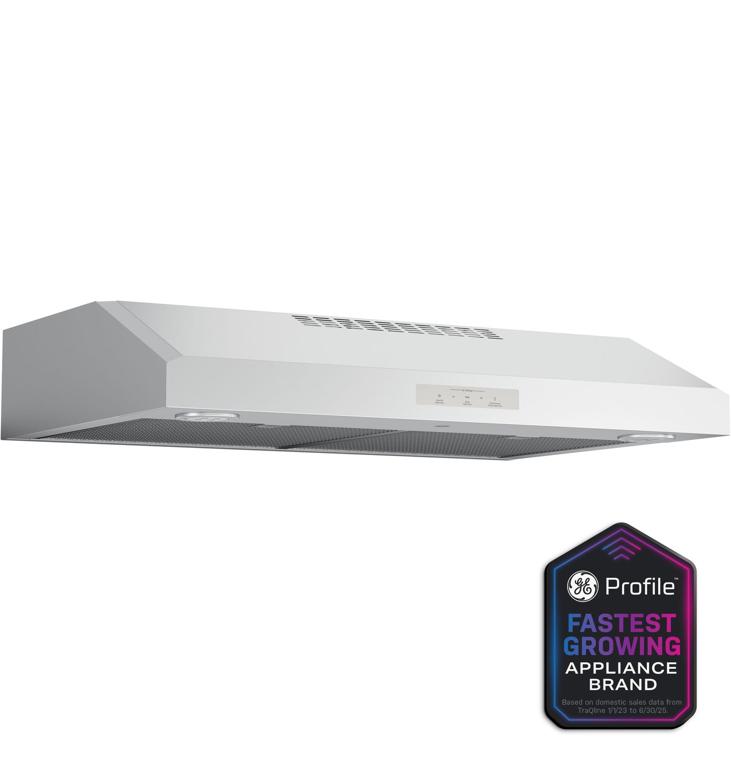Stainless steel under-cabinet range hood with vents and built-in lighting in kitchen appliances collection