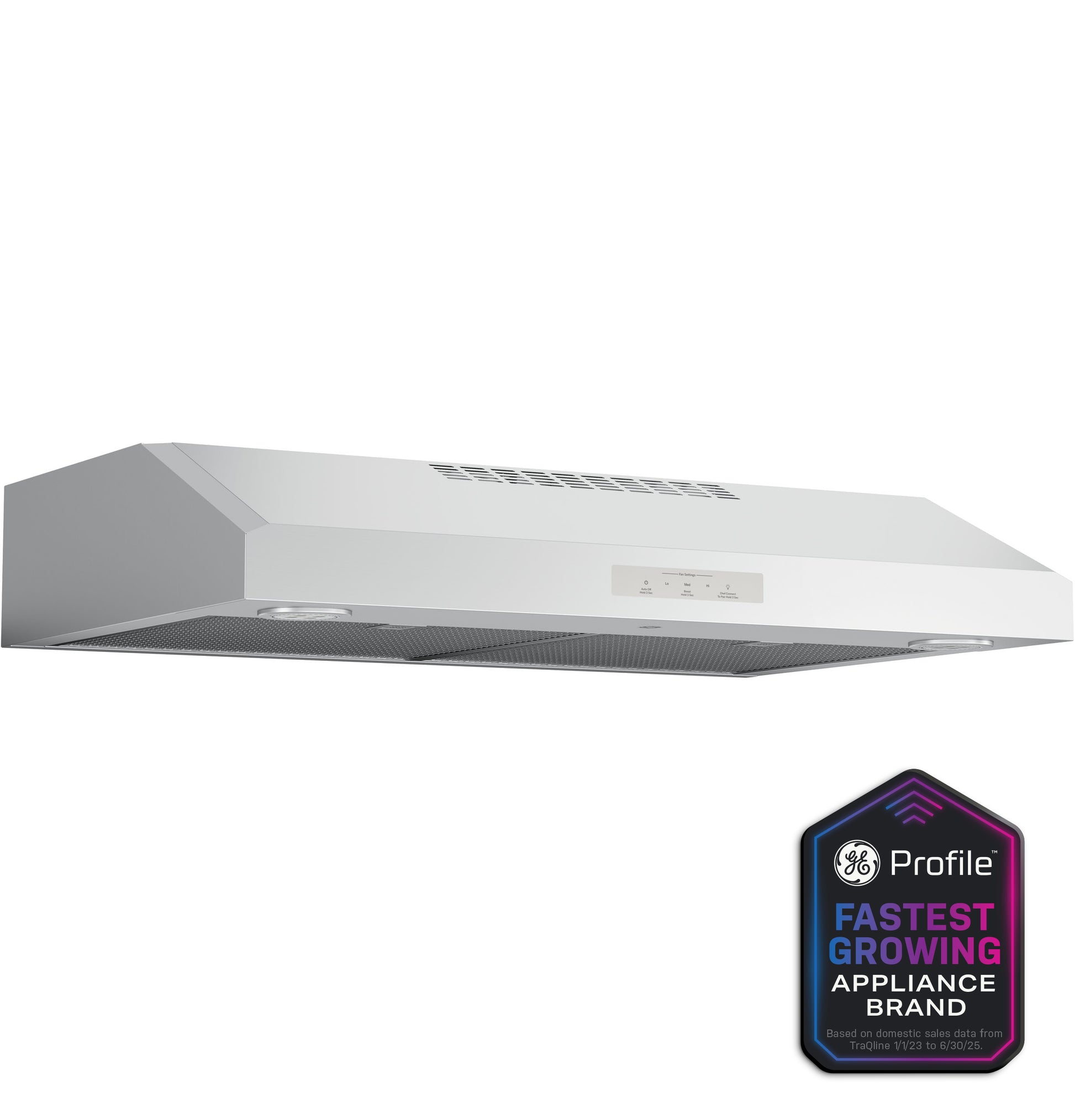 Stainless steel under-cabinet range hood with vents and built-in lighting in kitchen appliances collection
