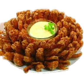 Golden brown fried onion petals arranged in a blooming pattern with dipping sauce in the center for kitchenware collections