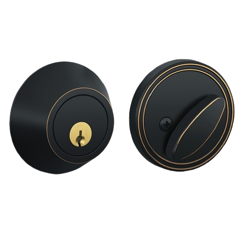Aged bronze single cylinder deadbolt lock with keyhole and thumb turn for door hardware and home improvement collections