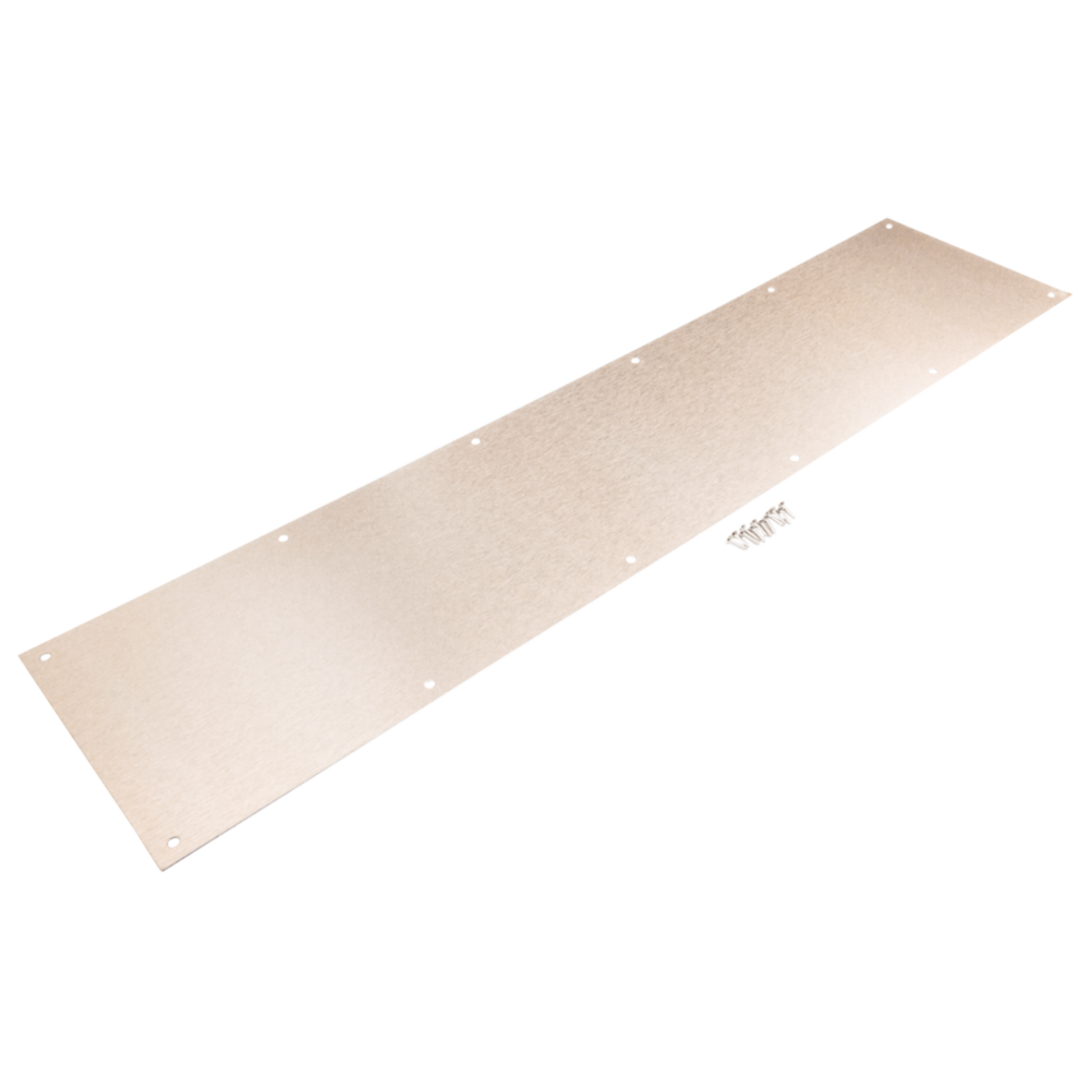 Satin nickel aluminum door kickplate with mounting holes for protection in door accessories and hardware collections