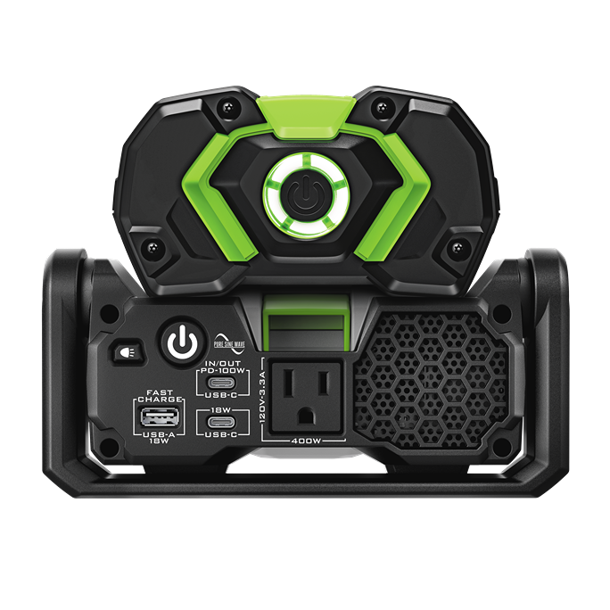 Compact black and green portable 400W inverter featuring USB-A, USB-C fast charging ports, and a standard power outlet