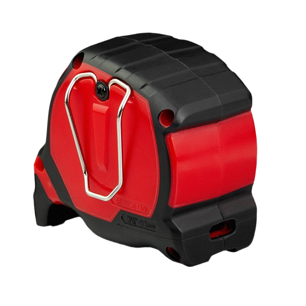 Compact red and black Milwaukee tape measure with metal clip for secure carrying in woodworking and hand tool collections
