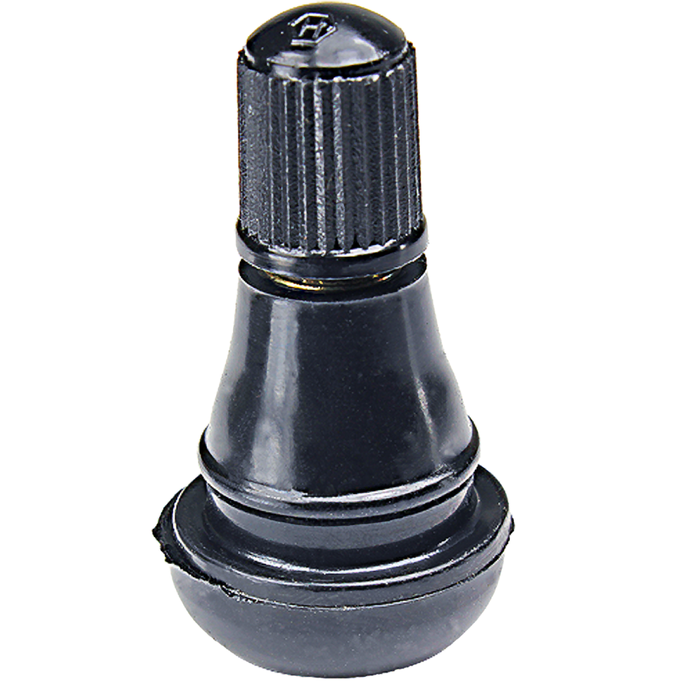 Black rubber tire valve stem with ribbed cap for vehicle tire maintenance and air pressure control tasks