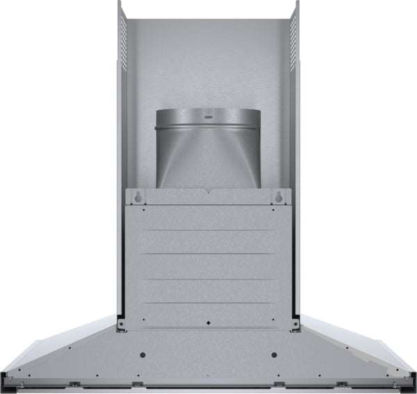 Stainless steel range hood blower housing and duct connector for wall mounted kitchen ventilation system