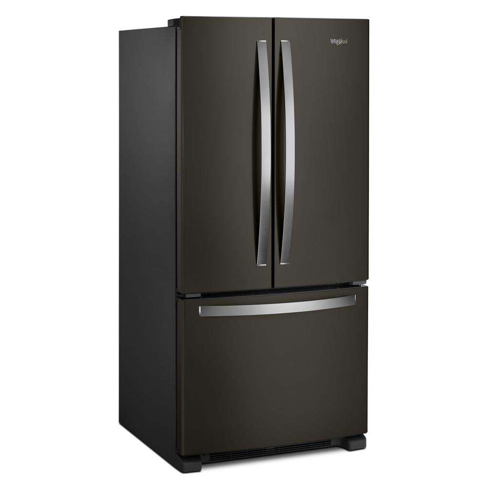 33-inch wide black stainless steel French door refrigerator with bottom freezer in kitchen appliances collection
