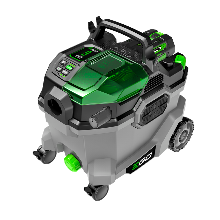 Corded wet/dry vacuum in gray and green with battery indicator and handle, designed for tools and home improvement use