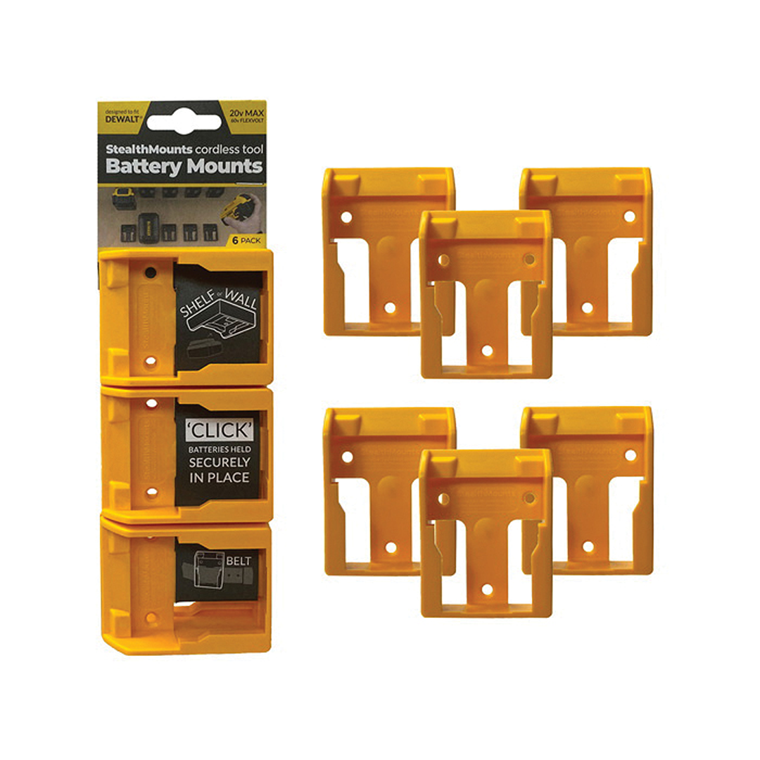 Yellow battery mounts in six-pack for workshop organization and tool storage in home improvement projects