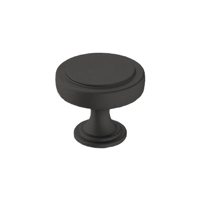 Matte black cabinet knob with round top and decorative base for home improvement and hardware projects