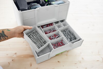 Compact modular storage system with removable compartments organizing screws and hardware for jobsite and workshop use