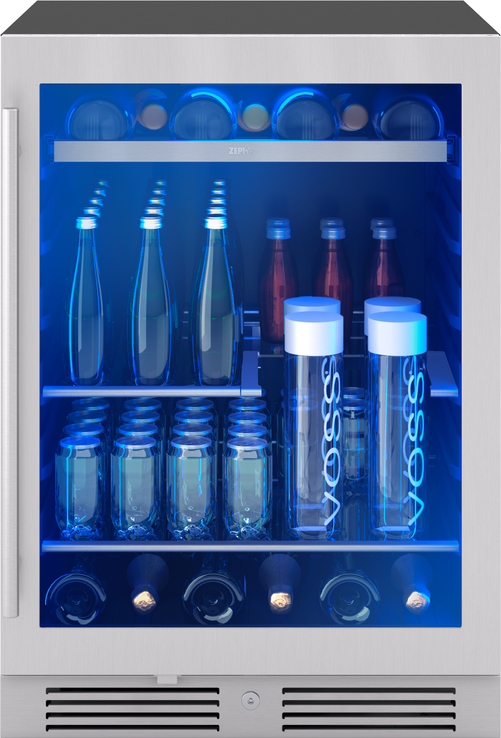 stainless steel reversible single zone beverage center with glass door, blue LED light, wood racks in refrigerators collection