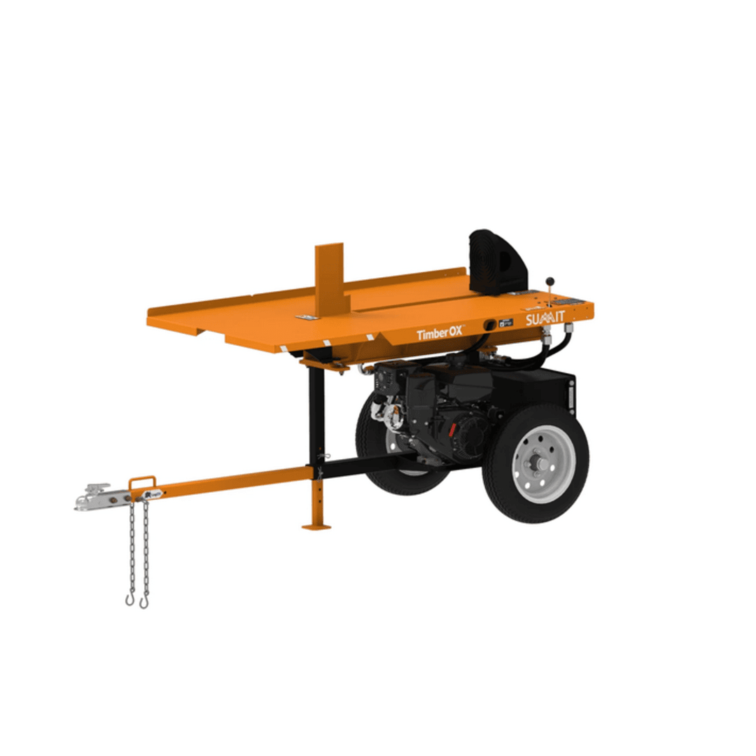 Orange 30-ton log splitter with black engine, metal frame, and wheels for outdoor wood cutting and home improvement use