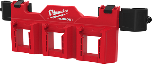 Red Milwaukee PACKOUT battery rack attachment for mounting and organizing M18 batteries in tool storage setups