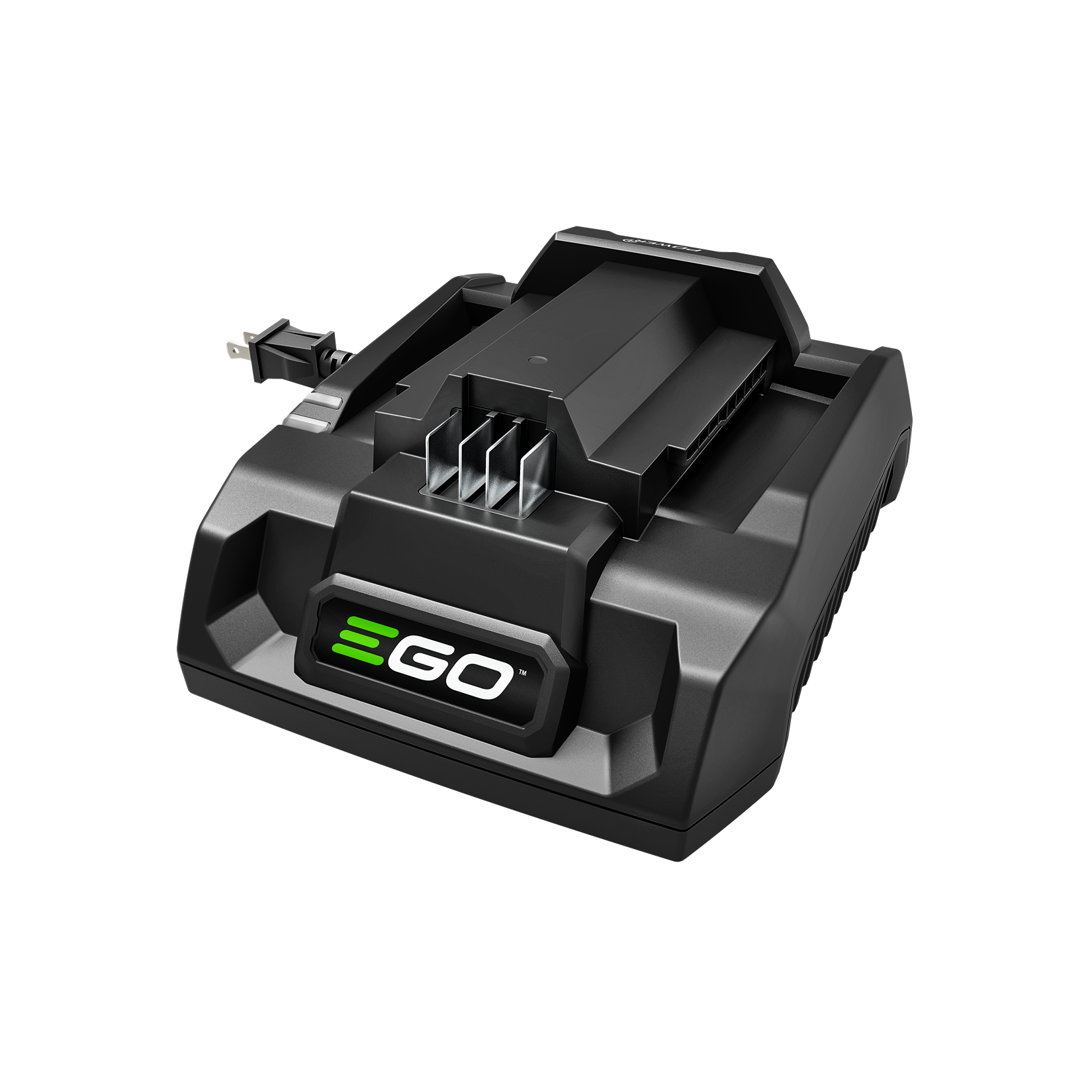 Black battery charger with green and white branding, designed for efficient power tool charging in home improvement use