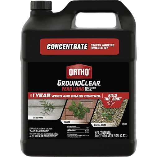 Black container of Ortho GroundClear concentrate for year-long weed and grass control in home improvement projects