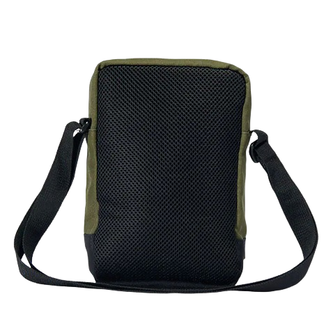 Compact green and black crossbody bag with breathable mesh front panel and adjustable strap for carrying essentials