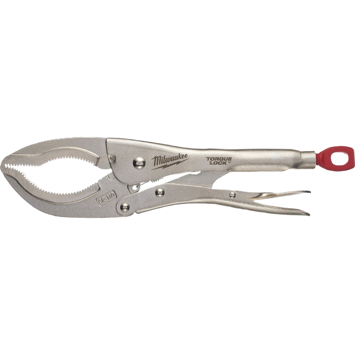 Silver large jaw locking pliers with red tip handle for tools and home improvement use